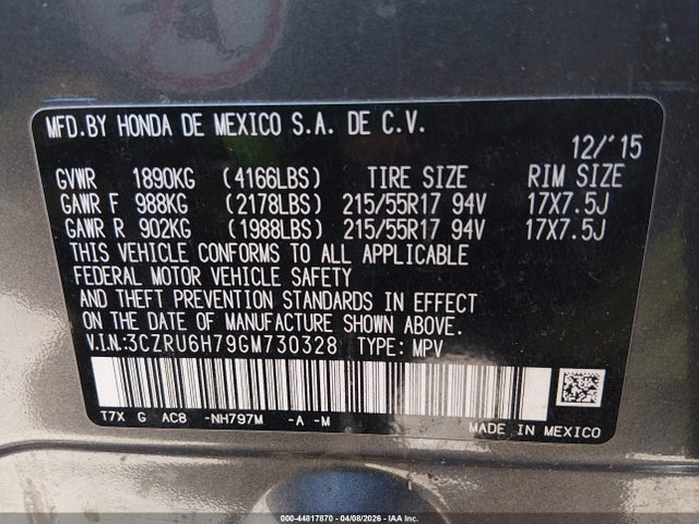 3CZRU6H79GM730328 Honda Hr-v Ex-l