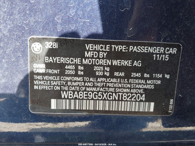 2016 Bmw 328i მანქანა იყიდება აუქციონზე, vin: WBA8E9G5XGNT82204, აუქციონის ნომერი: 44817890