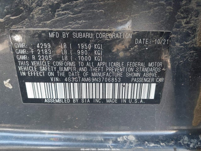 2022 Subaru Impreza Sport 5-door მანქანა იყიდება აუქციონზე, vin: 4S3GTAM69N3706853, აუქციონის ნომერი: 44817893
