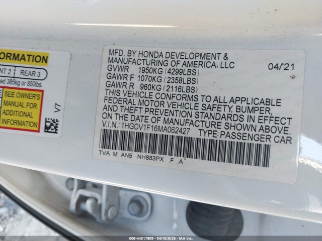 Продаж на аукціоні авто 2021 Honda Accord Lx, vin: 1HGCV1F16MA062427, номер лоту: 44817909