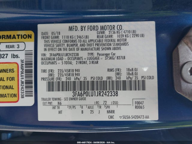 44817924 :رقم المزاد ، 3FA6P0LU1JR242338 vin ، 2018 Ford Fusion Hybrid Se مزاد بيع