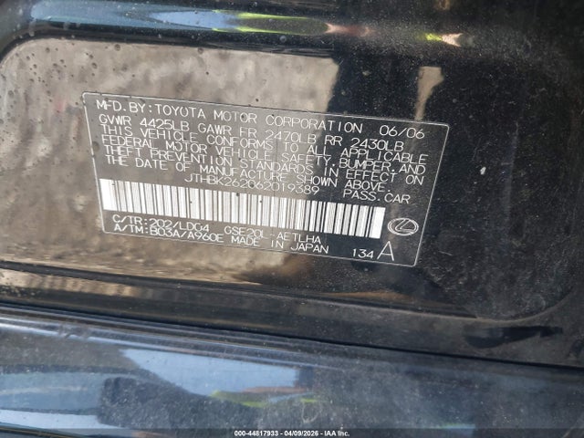Aukcja sprzedaży 2006 Lexus Is 250, vin: JTHBK262062019389, numer aukcji: 44817933
