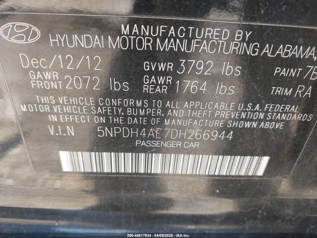 44817934 :رقم المزاد ، 5NPDH4AE7DH266944 vin ، 2013 Hyundai Elantra Gls مزاد بيع