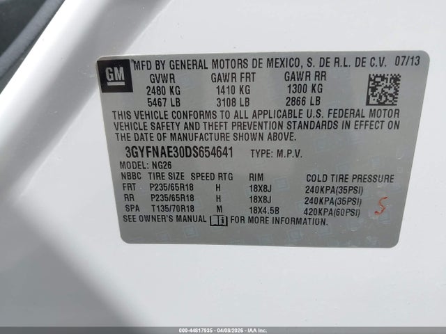 44817935 :رقم المزاد ، 3GYFNAE30DS654641 vin ، 2013 Cadillac Srx Standard مزاد بيع