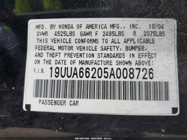 2005 Acura Tl მანქანა იყიდება აუქციონზე, vin: 19UUA66205A008726, აუქციონის ნომერი: 44817940