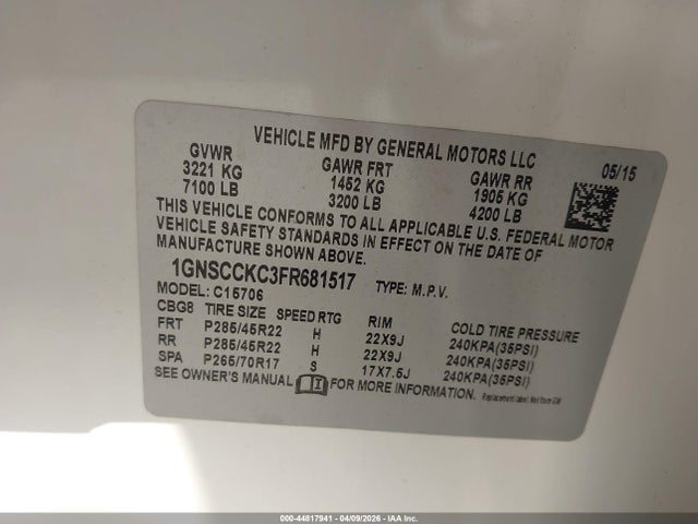 Aukcja sprzedaży 2015 Chevrolet Tahoe Ltz, vin: 1GNSCCKC3FR681517, numer aukcji: 44817941