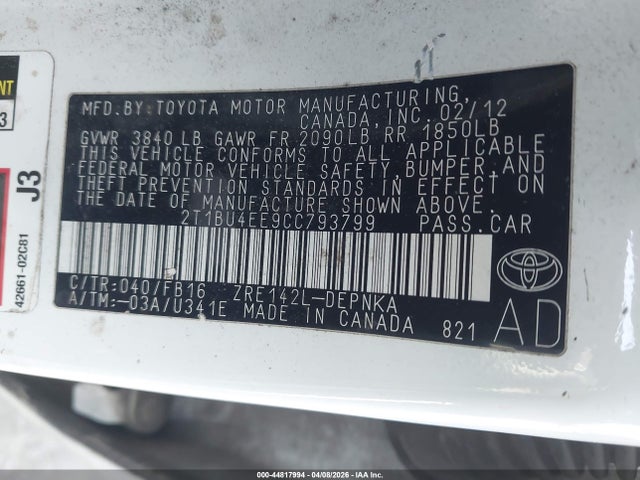 44817994 :رقم المزاد ، 2T1BU4EE9CC793799 vin ، 2012 Toyota Corolla Le مزاد بيع
