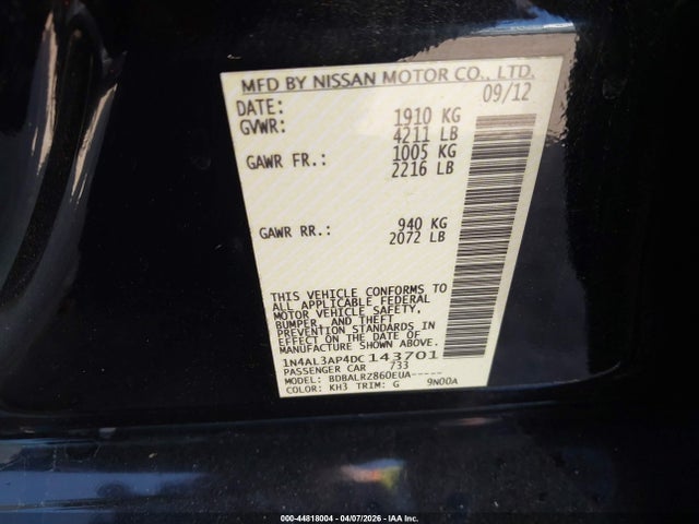 Aukcja sprzedaży 2013 Nissan Altima 2.5 S, vin: 1N4AL3AP4DC143701, numer aukcji: 44818004