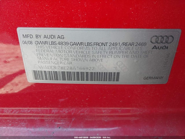 Aukcja sprzedaży 2008 Audi A4 2.0t/2.0t Special Edition, vin: WAUDF78E28A166922, numer aukcji: 44818009