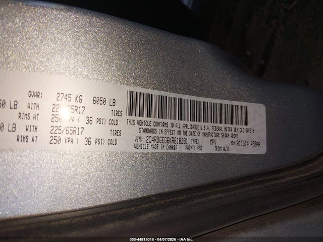 2019 Dodge Grand Caravan Gt მანქანა იყიდება აუქციონზე, vin: 2C4RDGEG6KR618281, აუქციონის ნომერი: 44818018