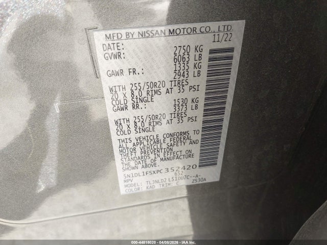 44818020 :رقم المزاد ، 5N1DL1FSXPC352420 vin ، 2023 Infiniti Qx60 Luxe Awd مزاد بيع