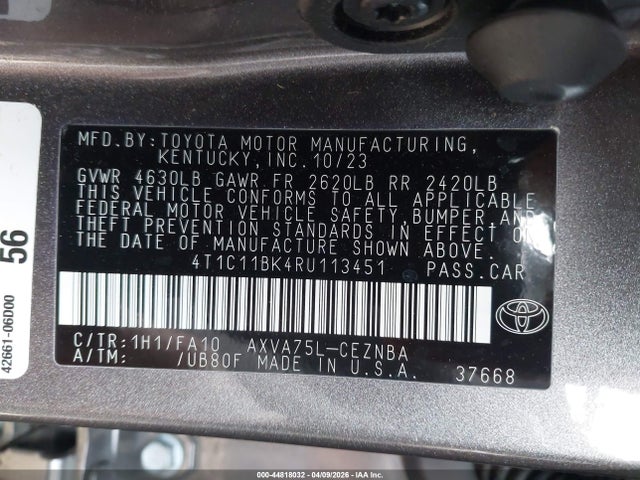 44818032 :رقم المزاد ، 4T1C11BK4RU113451 vin ، 2024 Toyota Camry Le مزاد بيع