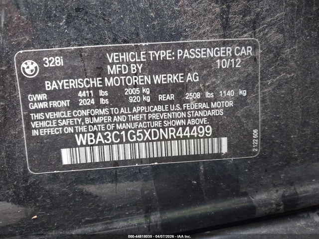 Aukcja sprzedaży 2013 Bmw 328i, vin: WBA3C1G5XDNR44499, numer aukcji: 44818035
