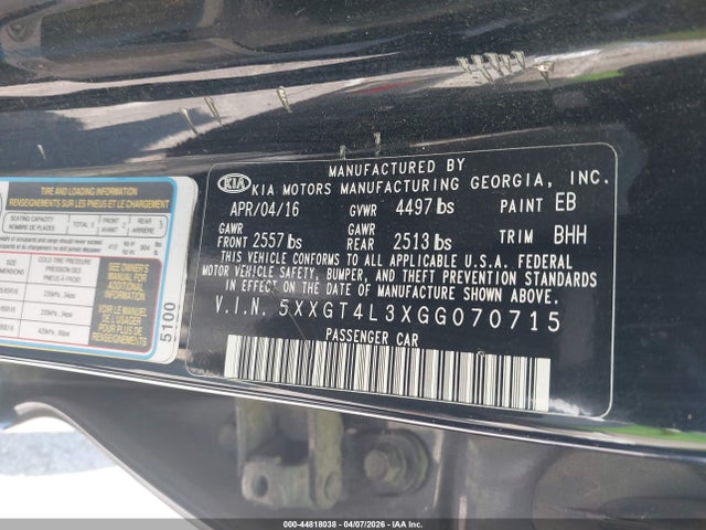 Aukcja sprzedaży 2016 Kia Optima Lx, vin: 5XXGT4L3XGG070715, numer aukcji: 44818038