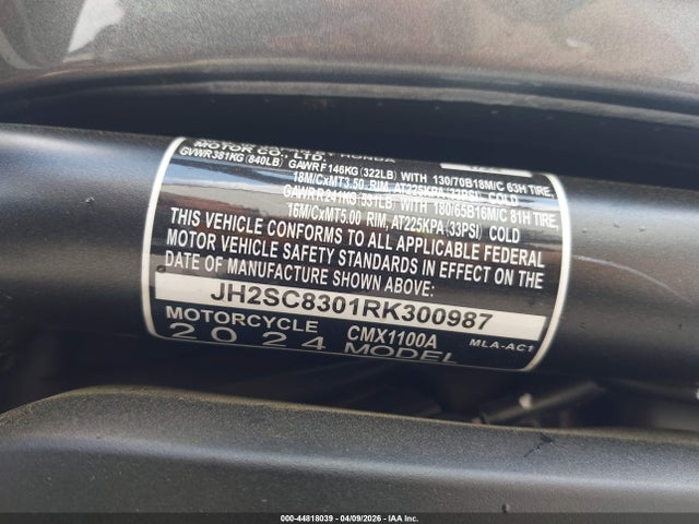 Aukcja sprzedaży 2024 Honda Cmx1100 A, vin: JH2SC8301RK300987, numer aukcji: 44818039