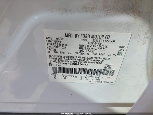 Продаж на аукціоні авто 2022 Ford Maverick Xlt, vin: 3FTTW8F94NRA54442, номер лоту: 44818043