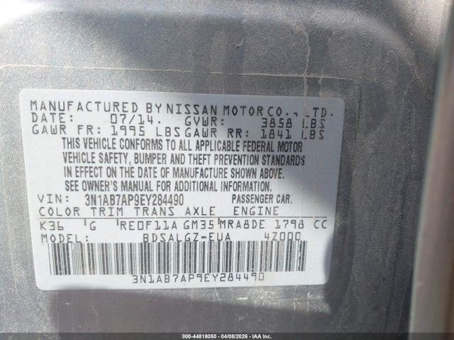 2014 Nissan Sentra Sl მანქანა იყიდება აუქციონზე, vin: 3N1AB7AP9EY284490, აუქციონის ნომერი: 44818050