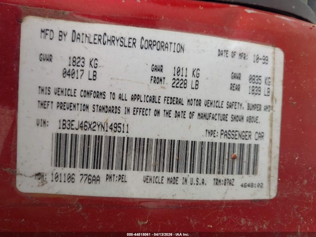 2000 Dodge Stratus Se მანქანა იყიდება აუქციონზე, vin: 1B3EJ46X2YN149511, აუქციონის ნომერი: 44818061