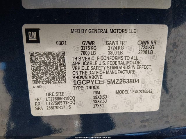 1GCPYCEF5MZ263804 Chevrolet Silverado 1500 4wd Short Bed Custom Trail Boss