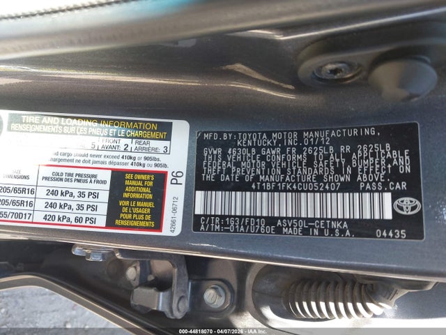 2012 Toyota Camry Le მანქანა იყიდება აუქციონზე, vin: 4T1BF1FK4CU052407, აუქციონის ნომერი: 44818070
