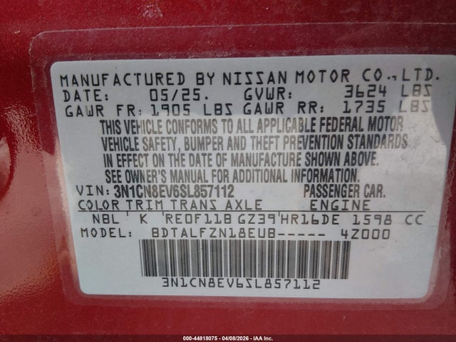 Продаж на аукціоні авто 2025 Nissan Versa 1.6 Sv, vin: 3N1CN8EV6SL857112, номер лоту: 44818075
