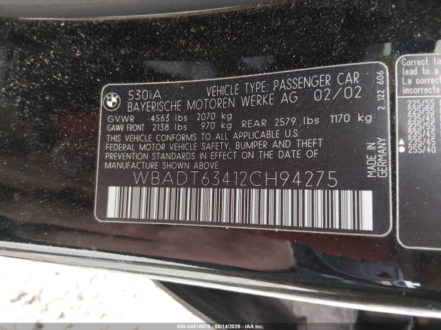 44818079 :رقم المزاد ، WBADT63412CH94275 vin ، 2002 Bmw 530ia مزاد بيع