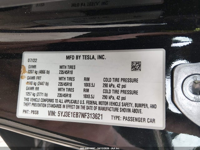 Продажа на аукционе авто 2022 Tesla Model 3 Long Range Dual Motor All-wheel Drive, vin: 5YJ3E1EB7NF313621, номер лота: 44818097