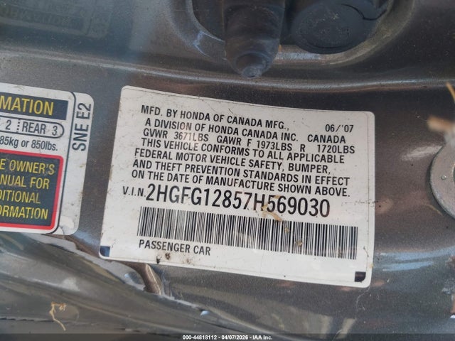 44818112 :رقم المزاد ، 2HGFG12857H569030 vin ، 2007 Honda Civic Ex مزاد بيع