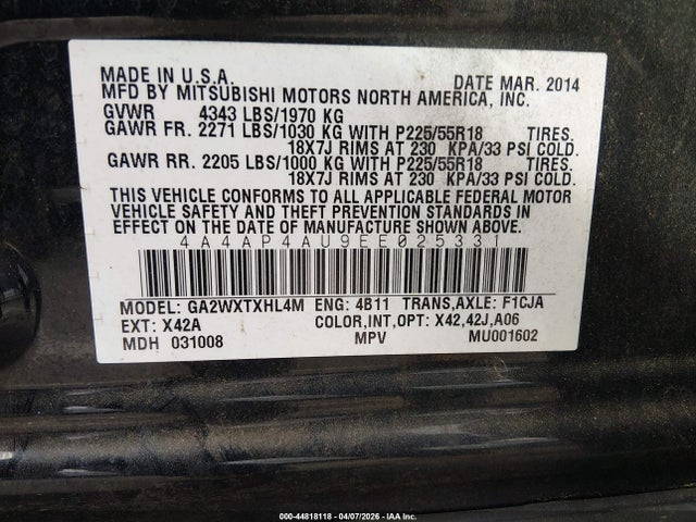 2014 MITSUBISHI OUTLANDER SPORT 4A4AP4AU9EE025331 Photo 8