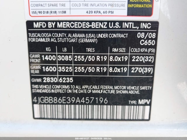 44818127 :رقم المزاد ، 4JGBB86E39A457196 vin ، 2009 Mercedes-benz Ml 350 4matic مزاد بيع
