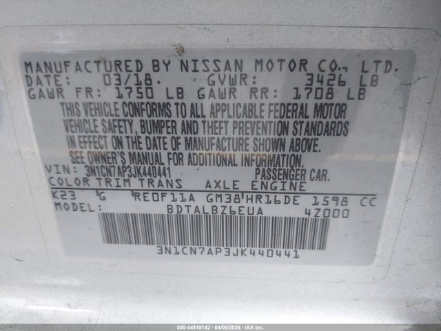3N1CN7AP3JK440441 Nissan Versa 1.6 Sv