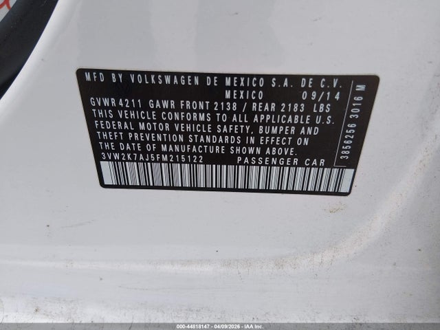 Продажа на аукционе авто 2015 Volkswagen Jetta 2.0l S, vin: 3VW2K7AJ5FM215122, номер лота: 44818147