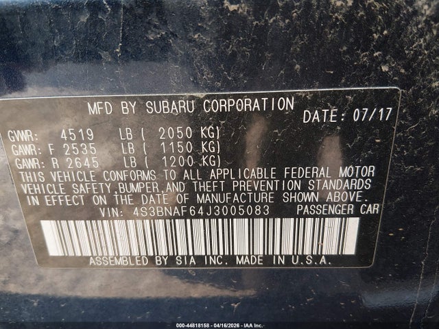 2018 Subaru Legacy 2.5i Premium მანქანა იყიდება აუქციონზე, vin: 4S3BNAF64J3005083, აუქციონის ნომერი: 44818158