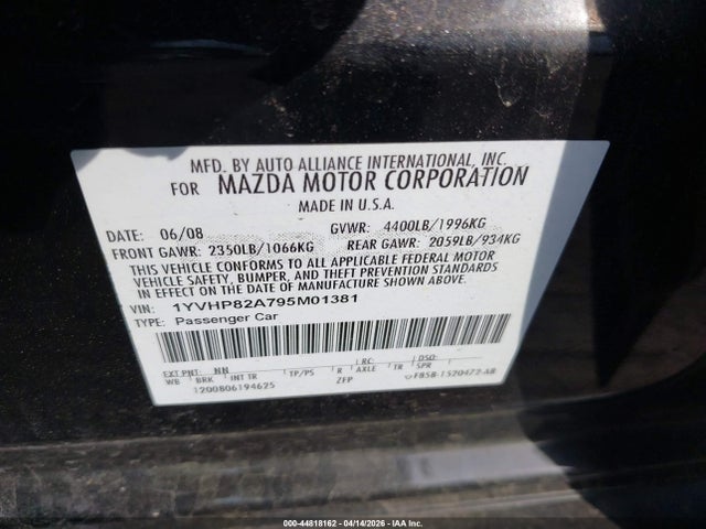 44818162 :رقم المزاد ، 1YVHP82A795M01381 vin ، 2009 Mazda Mazda6 I Grand Touring مزاد بيع