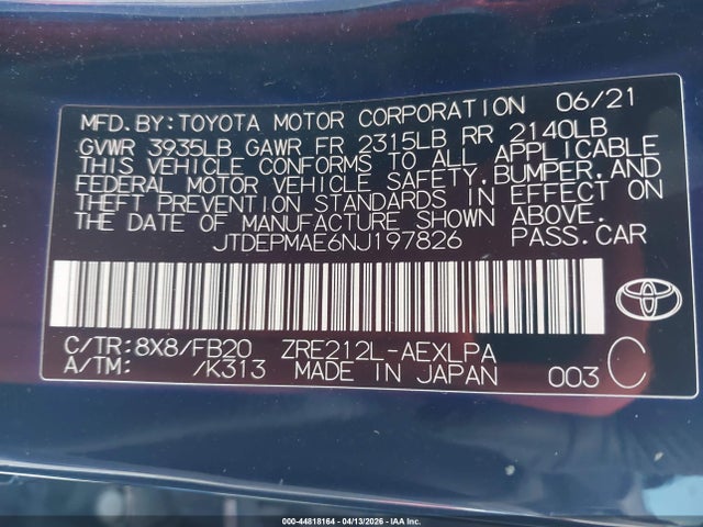 Aukcja sprzedaży 2022 Toyota Corolla Le, vin: JTDEPMAE6NJ197826, numer aukcji: 44818164