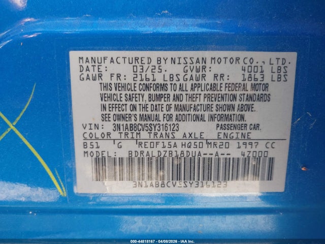 3N1AB8CV5SY316123 Nissan SENTRA SV