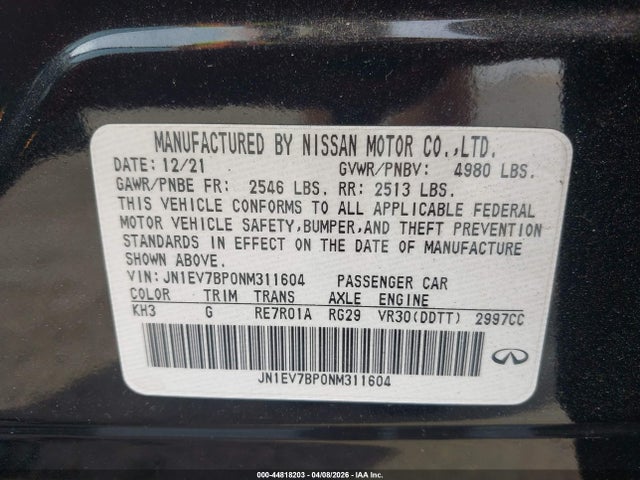 44818203 :رقم المزاد ، JN1EV7BP0NM311604 vin ، 2022 Infiniti Q50 Luxe مزاد بيع