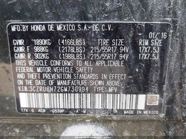 Aukcja sprzedaży 2016 Honda Hr-v Ex-l, vin: 3CZRU6H72GM730994, numer aukcji: 44818216