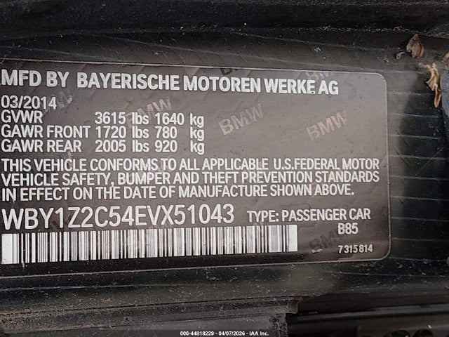 44818229 :رقم المزاد ، WBY1Z2C54EVX51043 vin ، 2014 Bmw I3 مزاد بيع