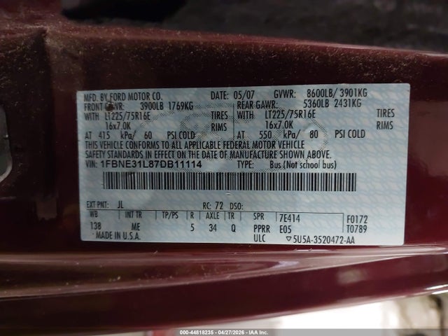 Aukcja sprzedaży 2007 Ford E-350 Super Duty Xl/xlt, vin: 1FBNE31L87DB11114, numer aukcji: 44818235