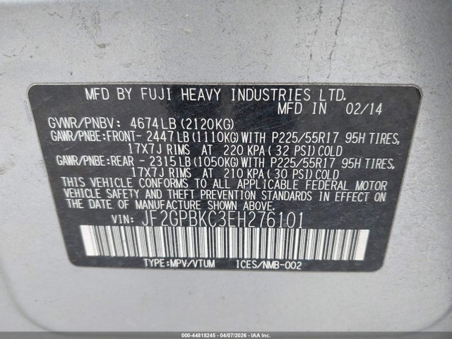 44818245 :رقم المزاد ، JF2GPBKC3EH276101 vin ، 2014 Subaru Xv Crosstrek Hybrid 2.0i Touring مزاد بيع