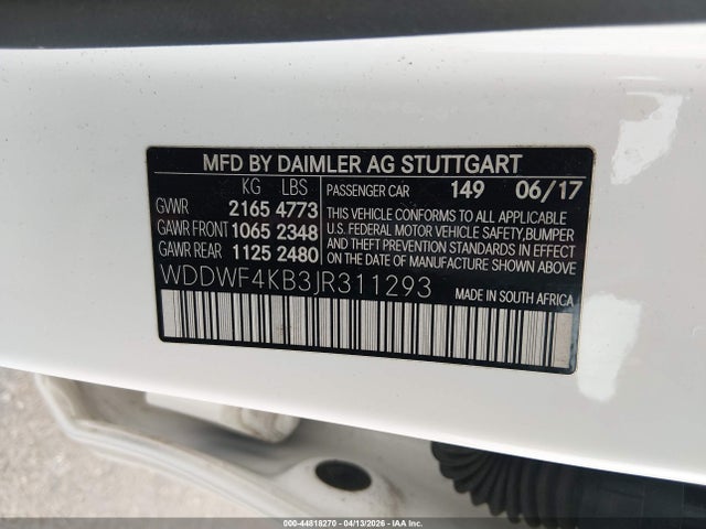 44818270 :رقم المزاد ، WDDWF4KB3JR311293 vin ، 2018 Mercedes-benz C 300 4matic مزاد بيع
