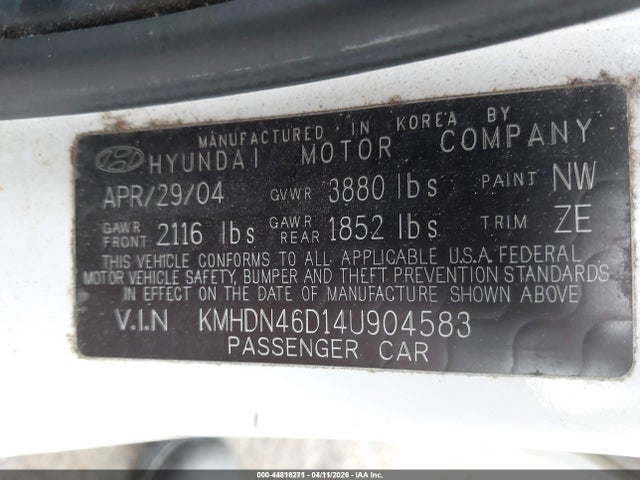 Aukcja sprzedaży 2004 Hyundai Elantra Gls/gt, vin: KMHDN46D14U904583, numer aukcji: 44818271