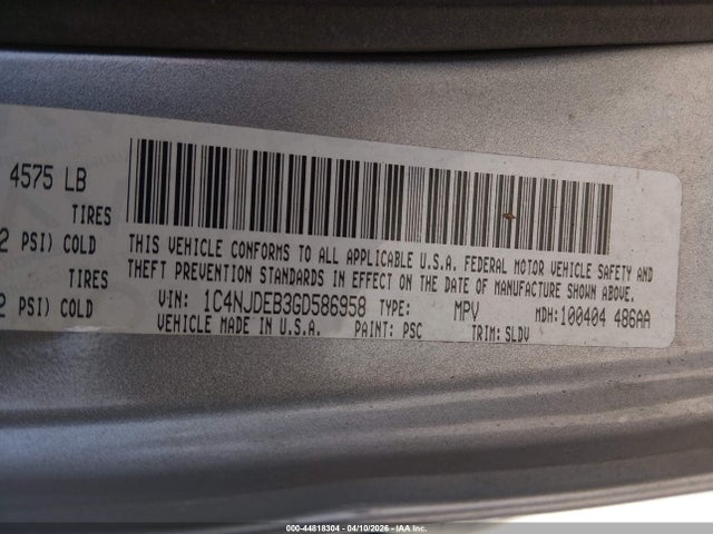 44818304 :رقم المزاد ، 1C4NJDEB3GD586958 vin ، 2016 Jeep Compass High Altitude Edition مزاد بيع