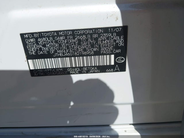 Aukcja sprzedaży 2008 Lexus Es 350, vin: JTHBJ46G182198958, numer aukcji: 44818319