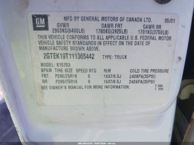 2001 Gmc Sierra 1500 Sle მანქანა იყიდება აუქციონზე, vin: 2GTEK19T111365442, აუქციონის ნომერი: 44818330