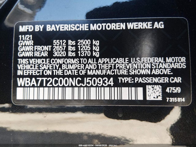 44818334 :رقم المزاد ، WBA7T2C00NCJ50934 vin ، 2022 Bmw 740 I مزاد بيع