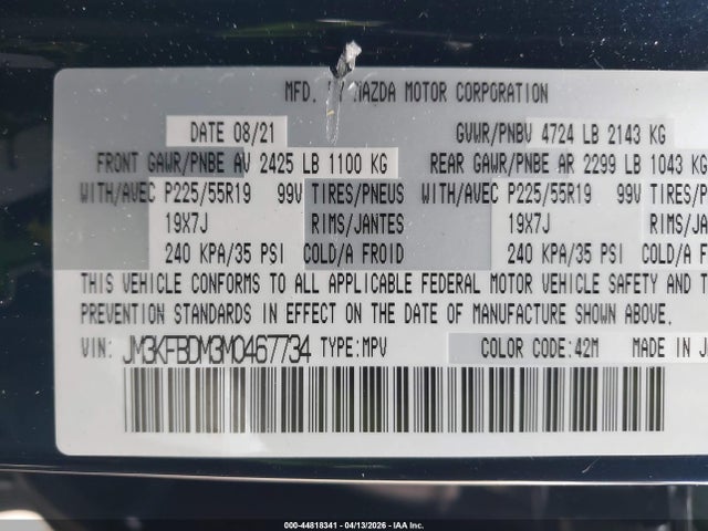 Aukcja sprzedaży 2021 Mazda Cx-5 Grand Touring, vin: JM3KFBDM3M0467734, numer aukcji: 44818341