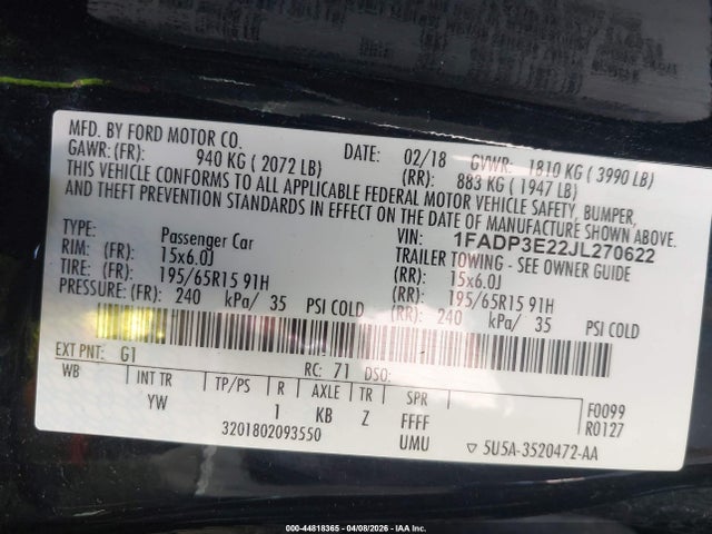 Продажа на аукционе авто 2018 Ford Focus S, vin: 1FADP3E22JL270622, номер лота: 44818365