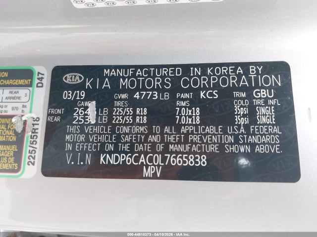 Aukcja sprzedaży 2020 Kia Sportage S, vin: KNDP6CAC0L7665838, numer aukcji: 44818373